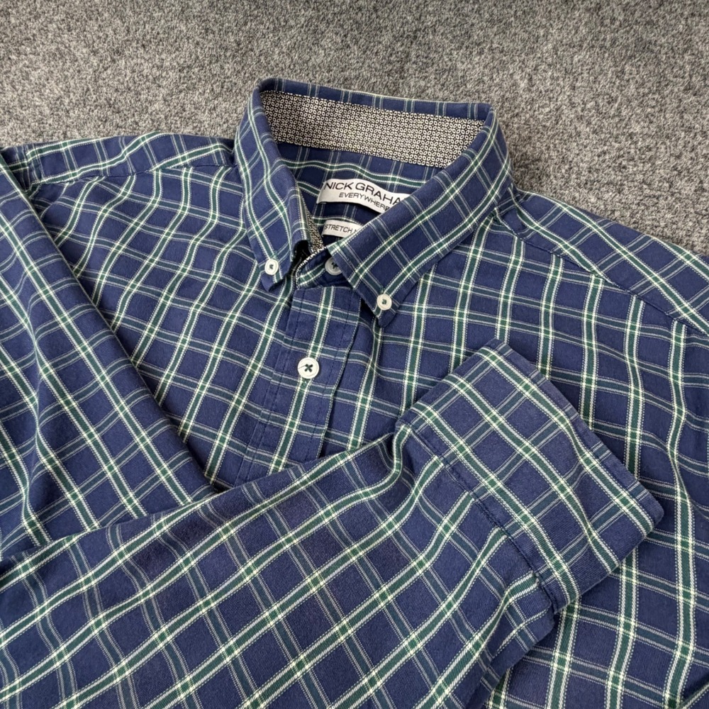 Nick Graham Everywhere Mens XL Plaid Button Down Shirt Stretch Modern Fit Blue